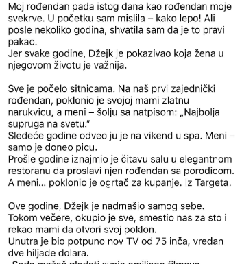 Moj muž je svojoj mami kupio televizor za 2000 dolara za rođendan, a meni — tiganj. Ono što sam ja pripremila, zapamtiće dugo.